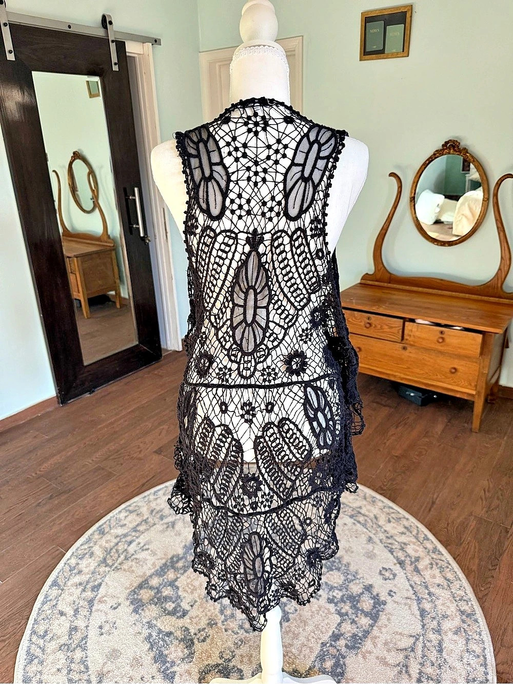 Black Cotton Lace Vest/Duster S/M Handmade Blue Island